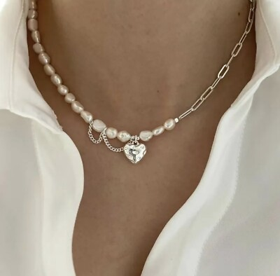 #ad Women#x27;s Natural Freshwater Baroque Pearl Silver Heart Necklace Gift Pack $13.99
