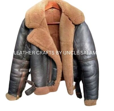 #ad B3 RAF Brown Mens Bomber Flying Aviator Fur Irvin Real Shearling Leather Jacket $149.99