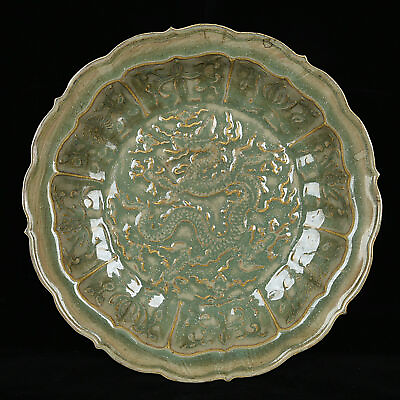 #ad 11quot; China Antique yuan dynasty Porcelain ru kiln Cyan glaze cloud Dragon plate $399.99