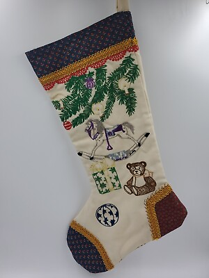 #ad VTG Hand Embroidered Christmas Stocking Rocking Horse Bear Presents Tree $14.93