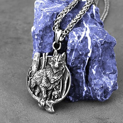 #ad Men#x27;s Stainless Steel Chain Viking Pendant Silver Double Faced Nordic Wild Wolf $11.89