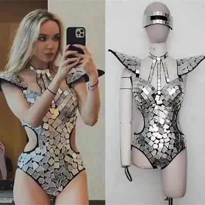 #ad Mirror Bodysuit Women Dance Costume Sequins Hollow Out Stage Performance Clothes $138.04