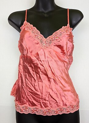 #ad NWT Central Park Women#x27;s S 100% Silk Lingerie Sleepwear Chemise Nightie Lace Red $21.99