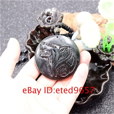 #ad Carved Pendant Necklace Obsidian Jewelry Black Gifts Wolf Jade Natural Amulet $10.00