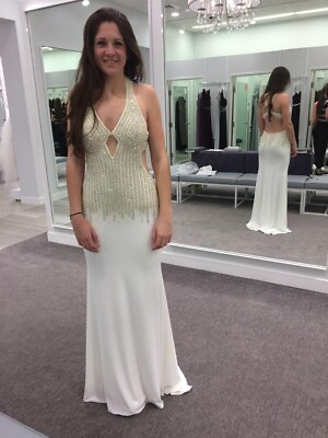 #ad Elegant white form fitting prom dress open back with fully beaded bodice $150.00