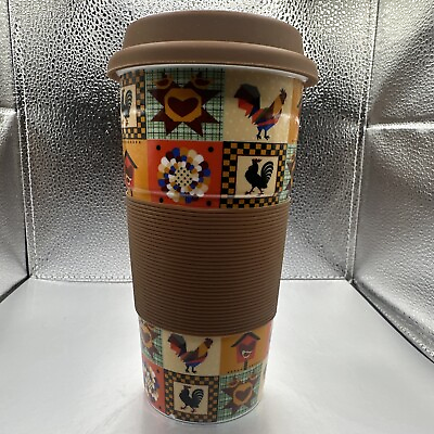 #ad CENTURY Quilt ROOSTER Chicken 14oz TRAVEL MUG Cup BROWN Silicone Lid amp; Grip 7quot; T $25.00