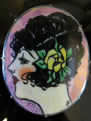 #ad Antique Victorian Cameo Portrait Brooch Signed Hand Painted Woman#x27;s Face C Catch $198.99