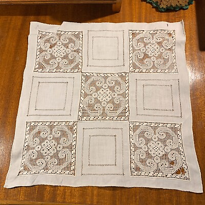 #ad Antique 1900 Linen Handmade Centerpiece Netting Lace Drawn Work Exquisite $60.04