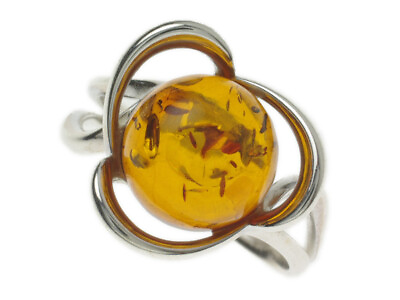 #ad Sterling Silver Brown Amber Ring 10mm Round Brown Cabochon Amber GBP 14.99