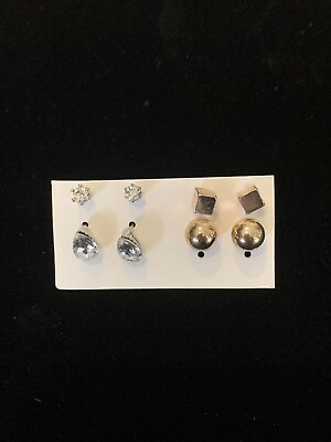 #ad 4 Pairs Of Gold And Silver w Clear Stones Stud Earrings $12.99