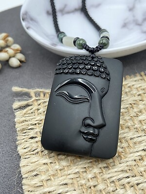 #ad Jade Obsidian Buddha Charm Pendant Necklace Beads Cord Handmade Carved Gemstone $15.95
