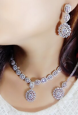 #ad Designer Indian Bollywood Silver Plated White AD CZ Necklace Tika Jewelry Set $19.35
