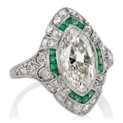 #ad Art Deco Style Marquise Cut Lab Created Diamond amp; Emerald Engagement Silver Ring $79.80