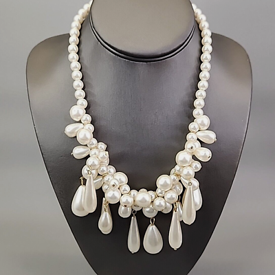 #ad Imitation Pearl Necklace Vtg Gold Tone Beaded Teardrop Round White Cluster 18quot; $25.00