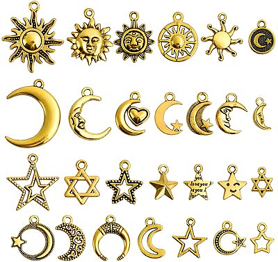#ad 10 Assorted Sun Pendants Antiqued Gold Moon Celestial Mixed Charms $4.24