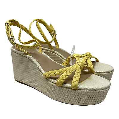 #ad Antonio Melani Size 10 Yellow Platform Leather Braided Ankle Strap Wedges $35.00