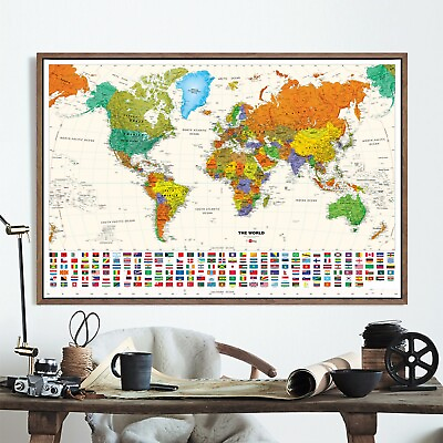 #ad World Map Poster Details Travel Country With Flags Art Decor 32quot; X 24quot; $14.99