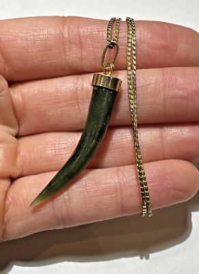 #ad Vintage Lucky Italian Horn Green Carved Jade Nephrite Bead Pendant 16quot; Necklace $49.99