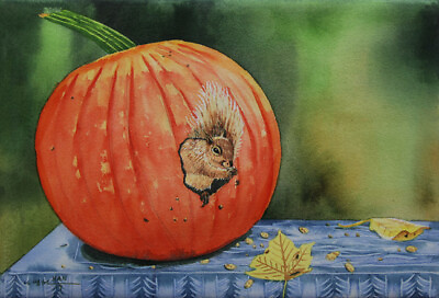 #ad Pumpkin Squirrel Original Watercolor Painting Signed 22x15 Art $189.98