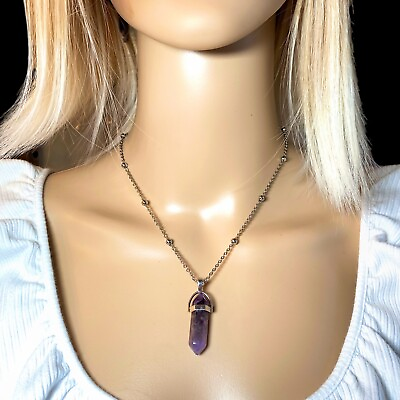 #ad Amethyst Crystal Pendant Double Pointed Gemstone Necklace Healing Stone 16 19” $7.95