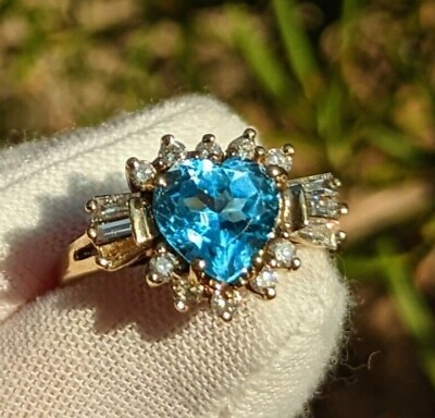 #ad Natural Diamond and Swiss Blue Heart Topaz Halo Solid 10K Gold Vintage Ring 6.75 $344.00