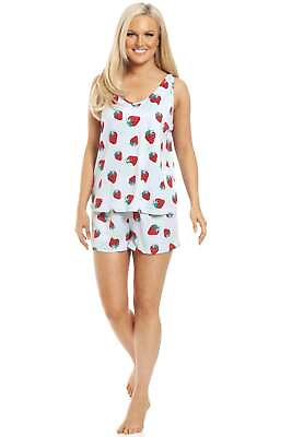 #ad Camille Women#x27;s Strawberry Print Spandex Pyjama Set Soft Sleeveless Sleepwear GBP 21.99