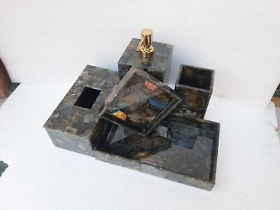 #ad Marble Decorative Bath Set Labradorite Resin Art Tissue Paper Box Set of 5 Piece $635.00