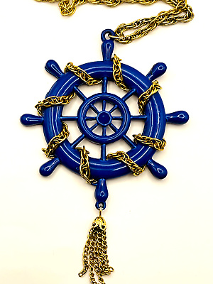 #ad Cobalt Blue Enamel Sterling Wheel Necklace Gold Tone Chain $13.99