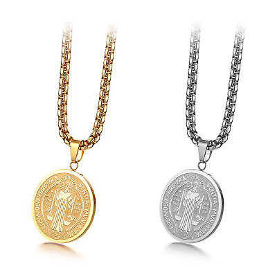 #ad Men#x27;s Stainless Steel Saint St. Benedict Oval Medal Pendant Necklace Chain 22” $8.54