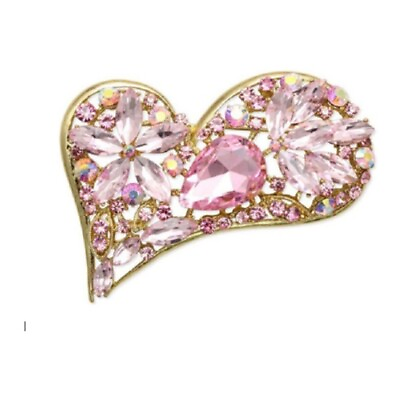 #ad Pink Crystal Flower Heart Anniversary Brooch Oversized 3.5 inch by 1.5 inch L $16.00