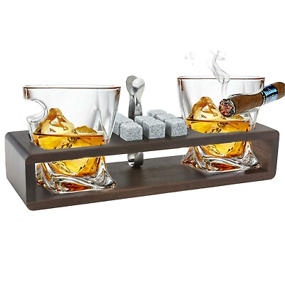 #ad Whiskey Cigar Glasses Gift Set Chilling Stones and accessories on Wooden Tray $39.95