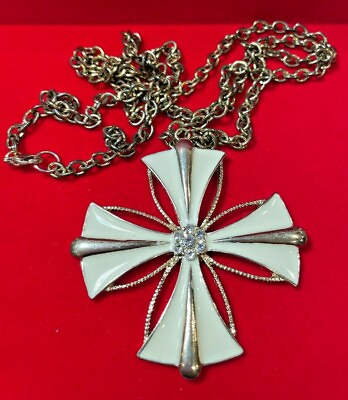 #ad Vintage Maltese Cross Cream Enamel Rhinestone Long Chain Gold tone Necklace 5a 4 $35.09