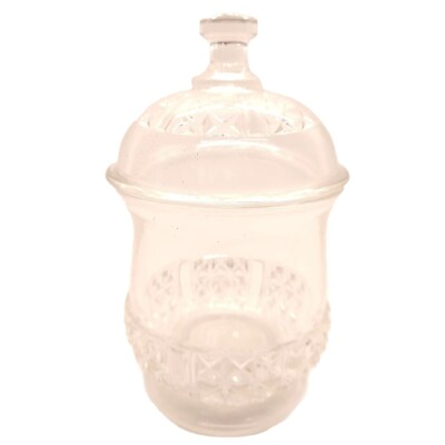 #ad Vintage Clear Pressed Glass Cookie Candy Jar With Domed Lid Beautiful Design. $32.50