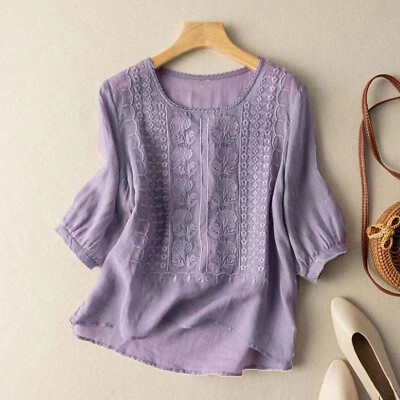 #ad Women Floral Embroidery Crochet Tops T Shirt 3 4 Sleeve Casual Tee Shirts US $11.19
