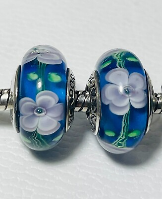 #ad 2 Authentic Pandora Murano Glass Charm Dogwood Cherry Blossom Rose Blue Bead Set $37.49