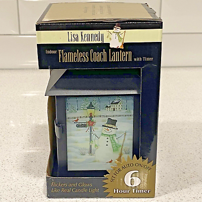 #ad Lisa Kennedy Christmas Snowman Lantern Flameless Glowing Candle Light 6 hr Timer $14.99