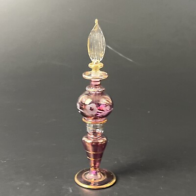 #ad Vintage Egyptian Hand Blown Pink Purple Etched Glass Perfume Bottle Gold Trim 6quot; $12.99