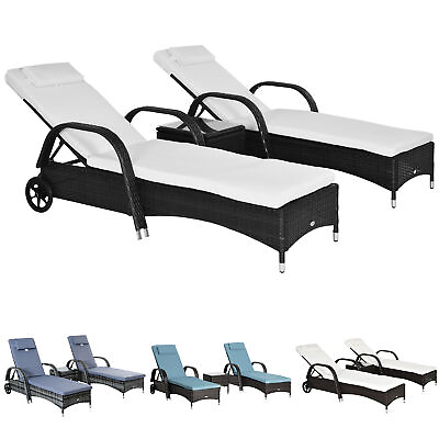 #ad 3pc Outdoor Set 2 Reclining Chairs Cushions Wheels Side Table PE Wicker $349.99