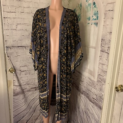 #ad Angie Women#x27;s Open Cardigan kimono Top Size Large Blue Floral Stretch Rayon $16.19