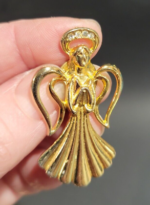 #ad Angel w Rhinestone Halo Vintage Avon Gold Tone Heavenly Angel Lapel Pin $5.00