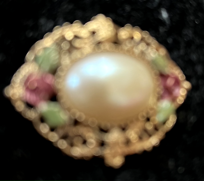 #ad Vintage Oval Gold and Painted Enamel Brooch Estate Pearl Old Jewelry $9.99