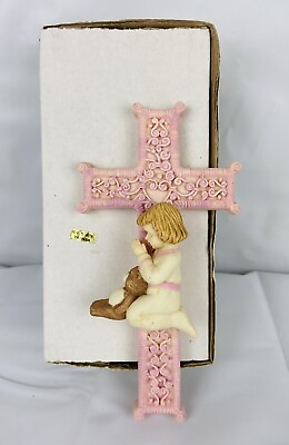 #ad Vintage Pink Cross Christening Gift Little Girl w Teddy Bear 7” Religious Decor $12.80