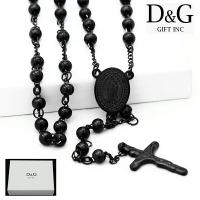 #ad #ad DG Stainless Steel 25quot; Black Beaded Rosary VIRGIN MARYJESUS CROSS NecklaceBOX $17.99