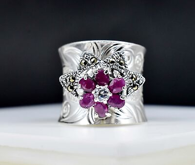 #ad 10Gm Natural Pink Ruby amp; Moissanite Flower Symbol 925 Sterling Silver Charm Ring $107.99
