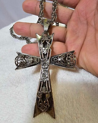 #ad VTg Silvertone Cross Crucifix large Pendant 4quot; flower design w Chain Necklace 24 $34.99
