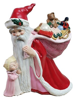 #ad Ceramic Santa Father Christmas w Toys Statue Holding Child Hand Painted 10 in T $10.78