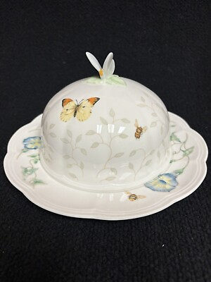 #ad Lenox Butterfly Meadow Butter Cheese Dish Round W Dome Lid Louise Le Luyer $95.00