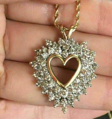#ad 3 CT Round Cut Diamond Heart Pendant 14K Yellow Gold Over Necklace Valentine $30.80