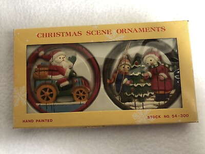 #ad 2 Vintage CHRISTMAS SCENE Resin Round Ornaments Hand Painted 3quot; NOS $12.99