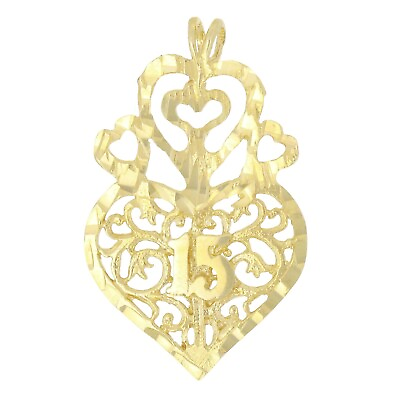 #ad 14k Yellow Gold 15 ANOS Quinceanera Heart Pendant 1.7 grams $129.49